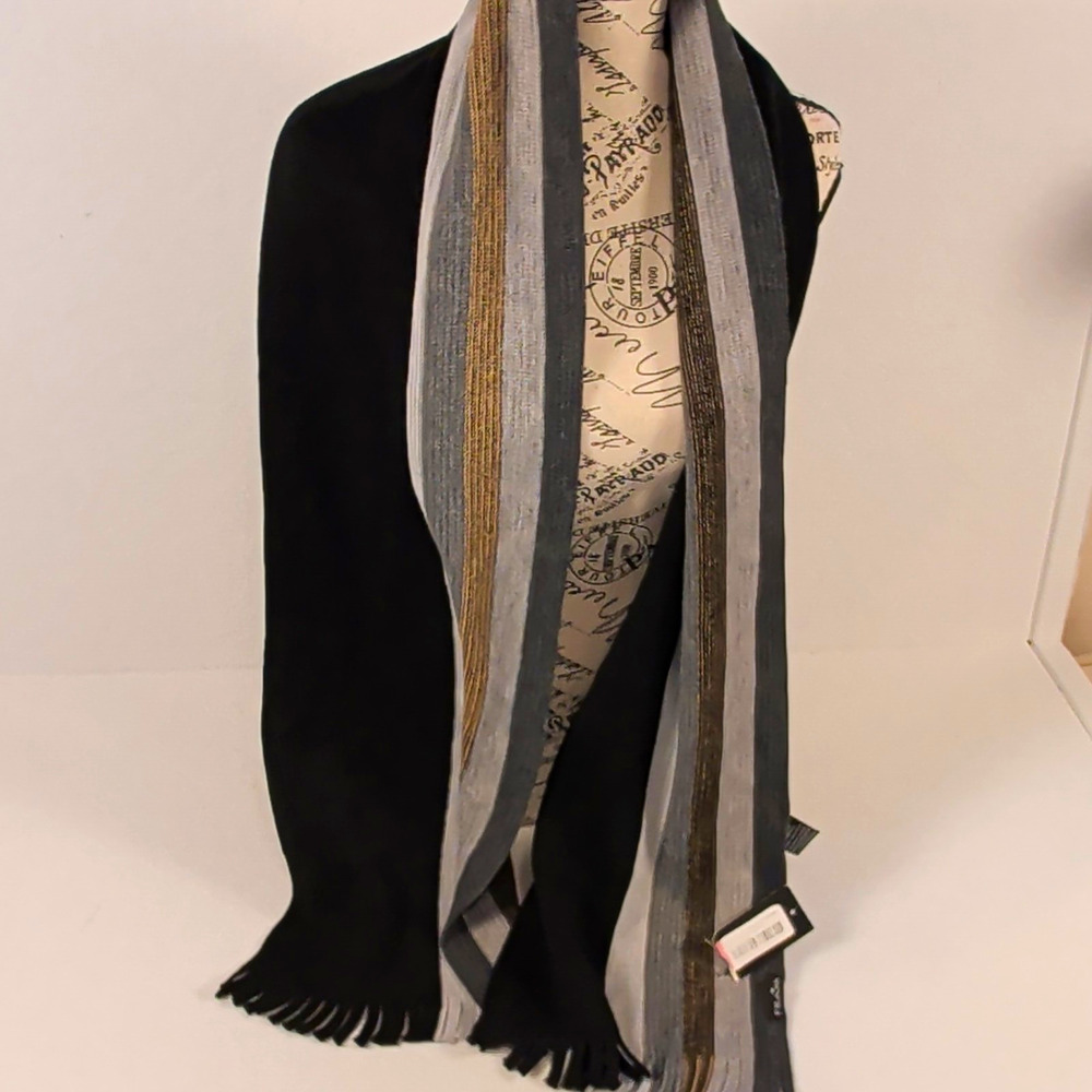 FRAAS Striped Knit Rectangle Scarf Fringe Gray Black Tan Wool Acrylic